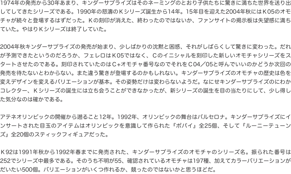 1974年の発売から30年あまり、キンダーサプライズはそのネーミングのとおり子供たちに驚きに満ちた世界を送り出してしてきたシリ