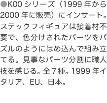 ●K00シリーズ（1999年から2000年に販売）にインサート。ステックフィギュアは接着材不要で、色分けされたパーツをパズルの