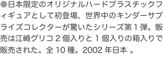 ●日本限定のオリジナルハードプラスチックフィギュアとして初登場、世界中のキンダーサプライズコレクターが驚いたシリーズ第１弾。販
