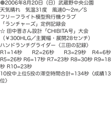 ●2006年8月20日（日）武蔵野中央公園 天気晴れ　気温31度　風速0〜2m／S フリーフライト模型飛行機クラブ 「ランチャ